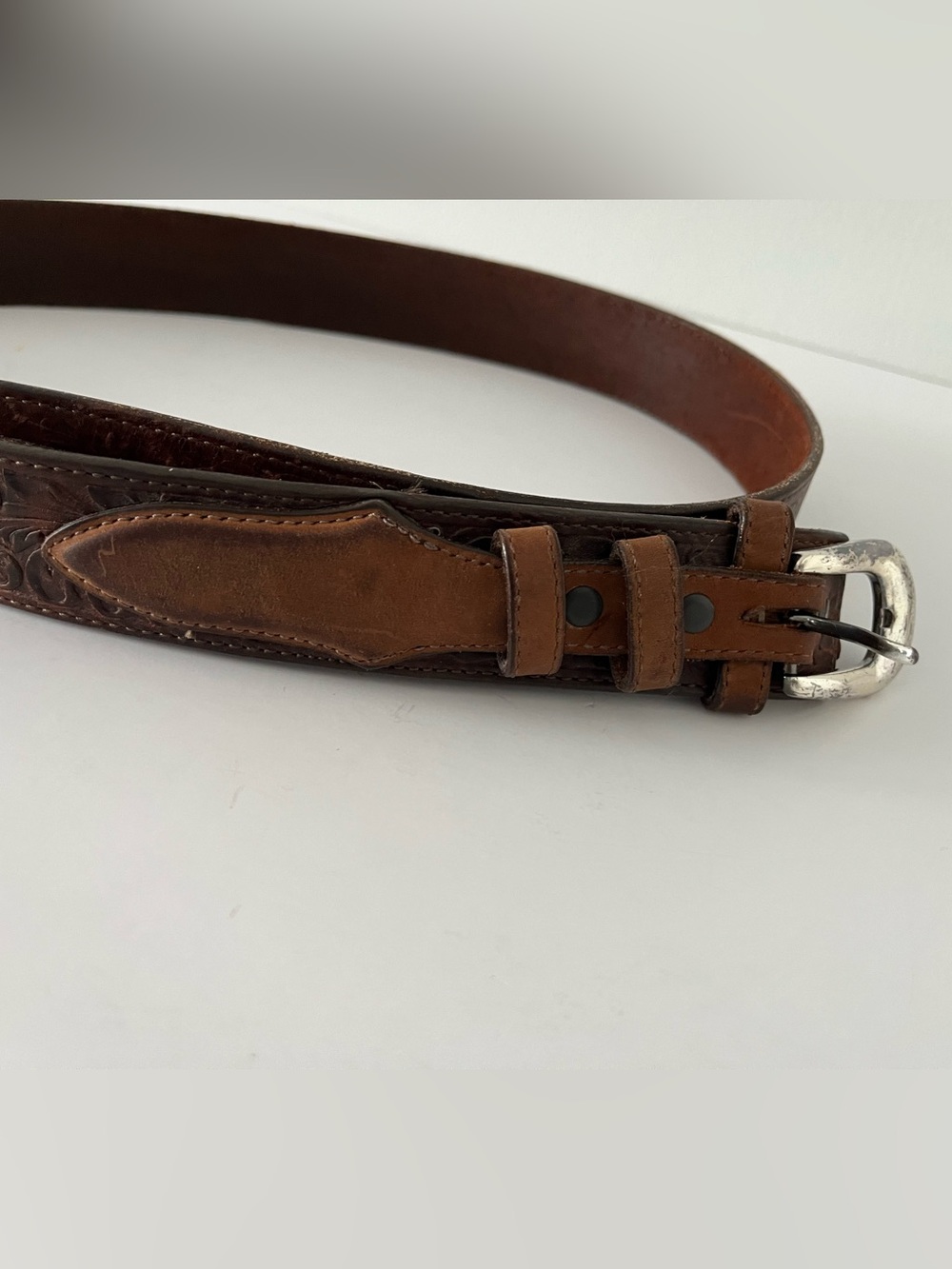 Justin Boots Brown Leather Tooled Belt with Silver Buckle